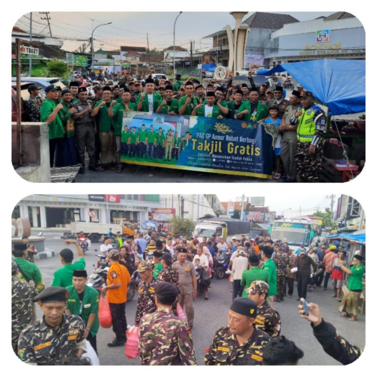 Pimpinan Anak Cabang Gerakan GP Ansor Kecamatan Babat Gagi Bagi Takjil di Tugu Wingko Babat.