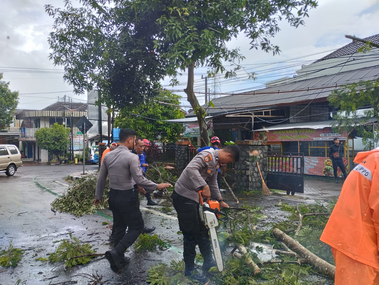 Sigap, Polisi Tangani Pohon Tumbang di Jagalan, Lalulintas Trenggalek & Ponorogo Kembali Normal